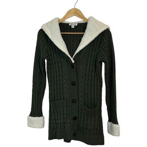 D & Co Green Hooded Cable knit cardigan Sweater Jacket, button up, Sherpa, XS